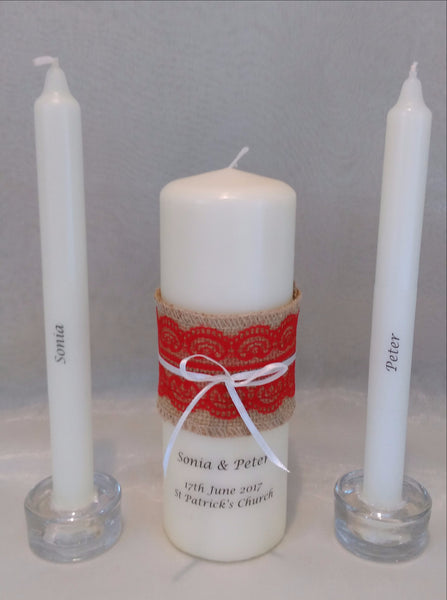 personalised candles, wedding candles, unity candles, rustic candle, vintage, lace, wedding ceremony, unity ceremony, wedding candles Ireland