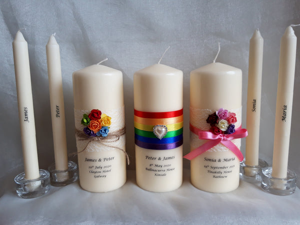 personalised candles, pride, civil ceremony, rainbow, lgbt, same sex wedding, wedding candles, unity candles, wedding ceremony, unity ceremony, wedding candles Ireland