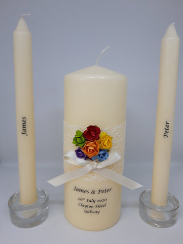 personalised candles, pride, civil ceremony, rainbow, lgbt, same sex wedding, wedding candles, unity candles, rose, wedding ceremony, unity ceremony, wedding candles Ireland