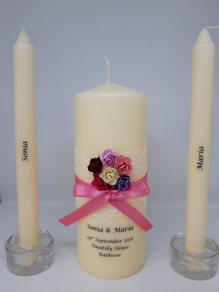 personalised candles, pride, civil ceremony, rainbow, lgbt, same sex wedding, wedding candles, unity candles, rose, wedding ceremony, unity ceremony, wedding candles Ireland