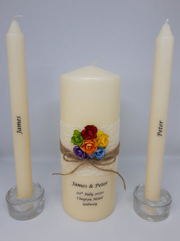 personalised candles, pride, civil ceremony, rainbow, lgbt, same sex wedding, wedding candles, unity candles, rustic candle, vintage, rose, wedding ceremony, unity ceremony, wedding candles Ireland