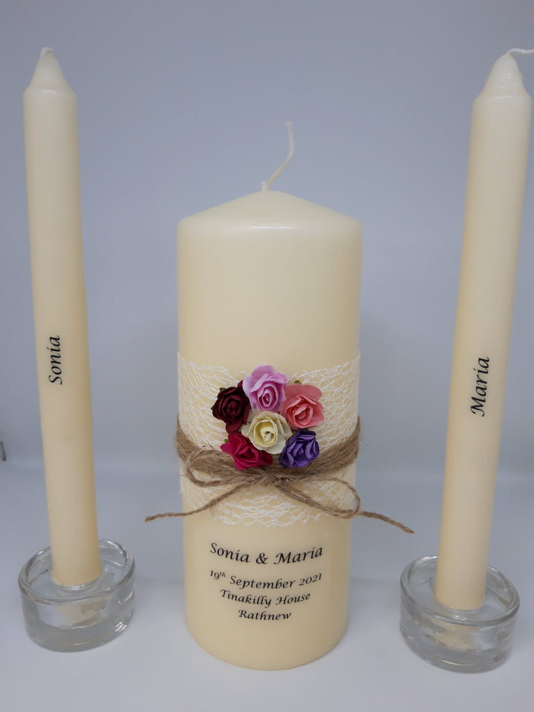 personalised candles, pride, civil ceremony, rainbow, lgbt, same sex wedding, wedding candles, unity candles, rustic candle, vintage, rose, wedding ceremony, unity ceremony, wedding candles Ireland