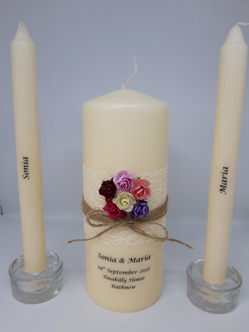 personalised candles, pride, civil ceremony, rainbow, lgbt, same sex wedding, wedding candles, unity candles, rustic candle, vintage, rose, wedding ceremony, unity ceremony, wedding candles Ireland