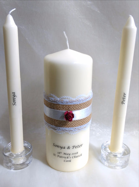 personalised candles, wedding candles, unity candles, rustic candle, vintage, rose, wedding ceremony, unity ceremony, wedding candles Ireland