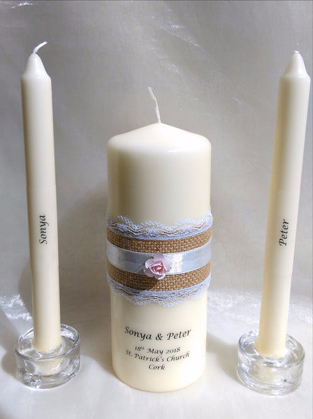 personalised candles, wedding candles, unity candles, rustic candle, vintage, rose, wedding ceremony, unity ceremony, wedding candles Ireland