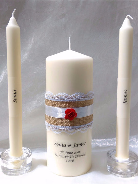 personalised candles, wedding candles, unity candles, rustic candle, vintage, wedding ceremony, unity ceremony, wedding candles Ireland