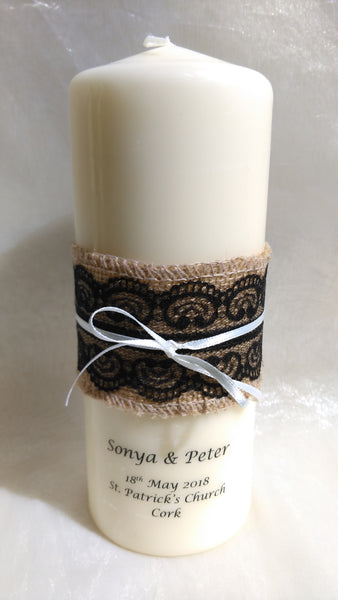 personalised candles, wedding candles, unity candles, rustic candle, vintage, lace, wedding ceremony, unity ceremony, wedding candles Ireland