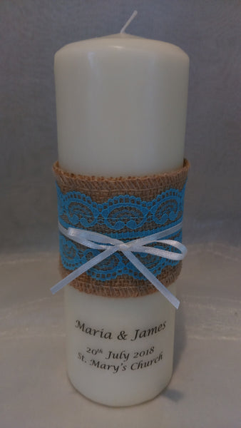 personalised candles, wedding candles, unity candles, rustic candle, vintage, lace, wedding ceremony, unity ceremony, wedding candles Ireland