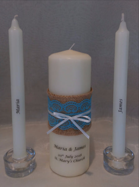 personalised candles, wedding candles, unity candles, rustic candle, vintage, lace, wedding ceremony, unity ceremony, wedding candles Ireland