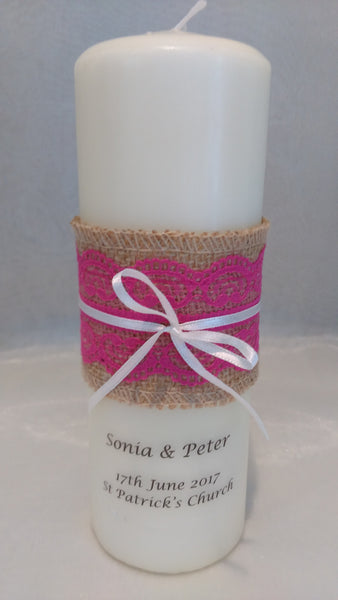 personalised candles, wedding candles, unity candles, rustic candle, vintage, lace, wedding ceremony, unity ceremony, wedding candles Ireland