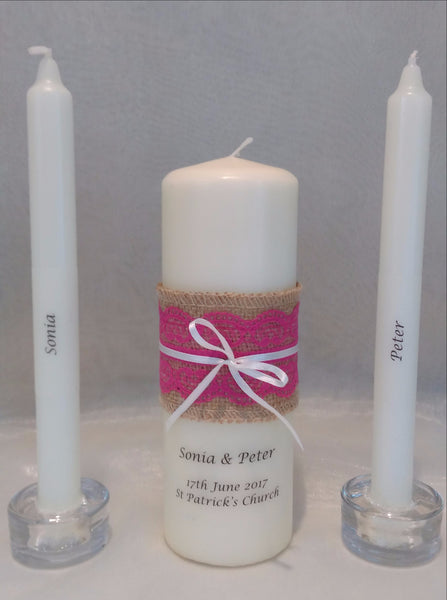 personalised candles, wedding candles, unity candles, rustic candle, vintage, lace, wedding ceremony, unity ceremony, wedding candles Ireland