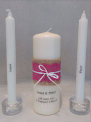 Wedding Candle - Rustic Lace, Pink Fuchsia
