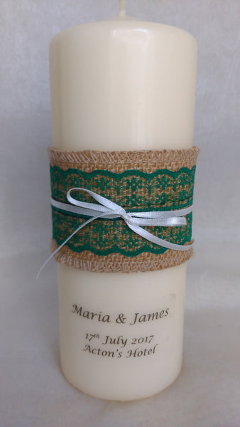personalised candles, wedding candles, unity candles, rustic candle, vintage, lace, wedding ceremony, unity ceremony, wedding candles Ireland