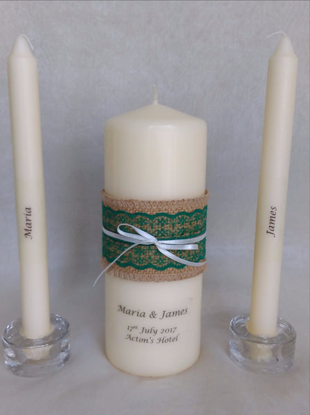 personalised candles, wedding candles, unity candles, rustic candle, vintage, lace, wedding ceremony, unity ceremony, wedding candles Ireland