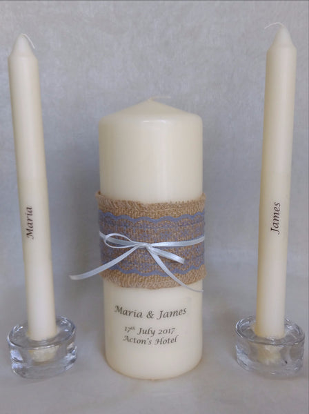 personalised candles, wedding candles, unity candles, rustic candle, vintage, lace, wedding ceremony, unity ceremony, wedding candles Ireland