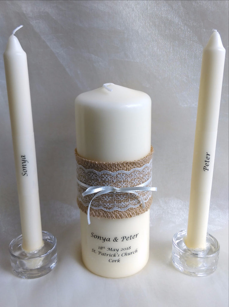 personalised candles, wedding candles, unity candles, rustic candle, vintage, wedding ceremony, unity ceremony, wedding candles Ireland