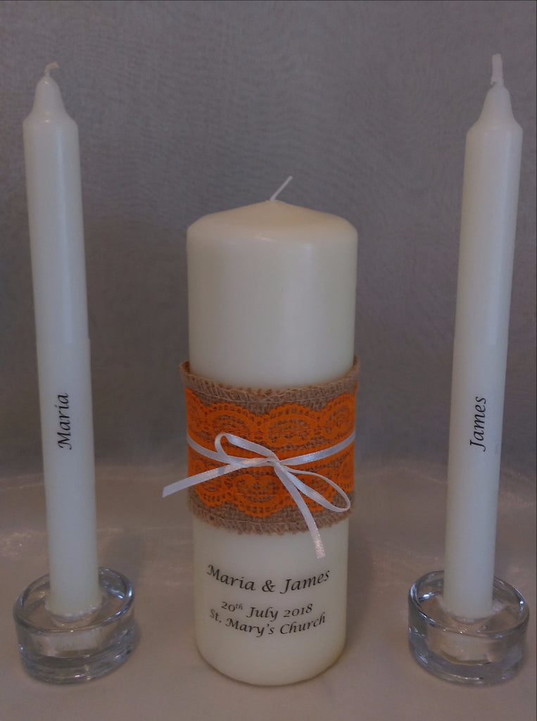 personalised candles, wedding candles, unity candles, rustic candle, vintage, lace, wedding ceremony, unity ceremony, wedding candles Ireland