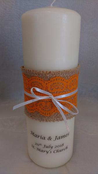 personalised candles, wedding candles, unity candles, rustic candle, vintage, lace, wedding ceremony, unity ceremony, wedding candles Ireland