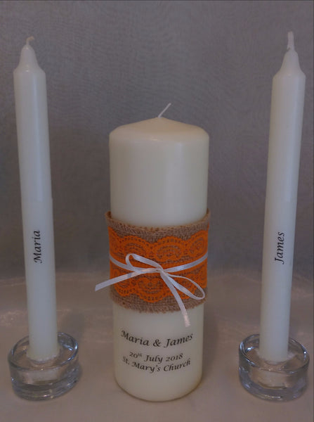personalised candles, wedding candles, unity candles, rustic candle, vintage, lace, wedding ceremony, unity ceremony, wedding candles Ireland