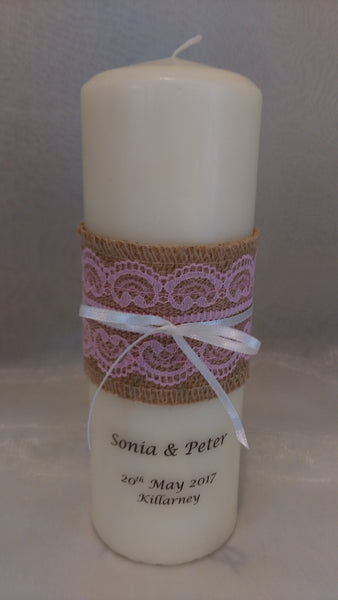 personalised candles, wedding candles, unity candles, rustic candle, vintage, lace, wedding ceremony, unity ceremony, wedding candles Ireland