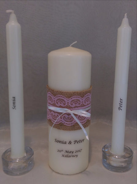 personalised candles, wedding candles, unity candles, rustic candle, vintage, lace, wedding ceremony, unity ceremony, wedding candles Ireland