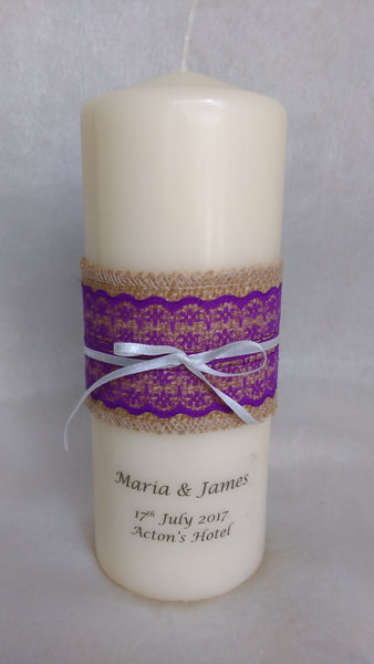 personalised candles, wedding candles, unity candles, rustic candle, vintage, lace, wedding ceremony, unity ceremony, wedding candles Ireland