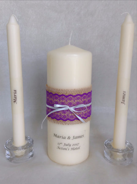 personalised candles, wedding candles, unity candles, rustic candle, vintage, lace, wedding ceremony, unity ceremony, wedding candles Ireland