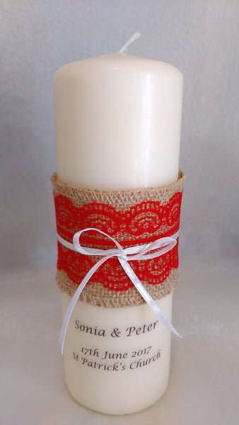 personalised candles, wedding candles, unity candles, rustic candle, vintage, lace, wedding ceremony, unity ceremony, wedding candles Ireland