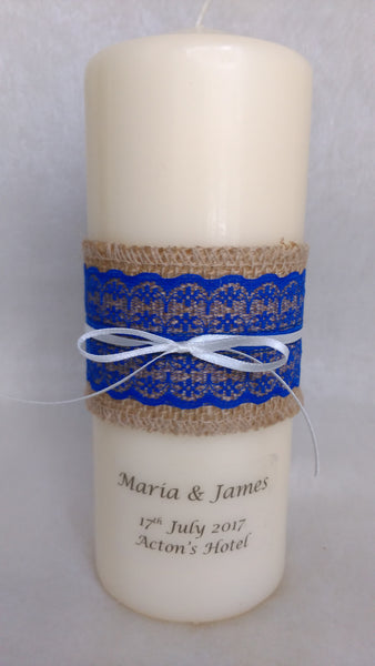 personalised candles, wedding candles, unity candles, rustic candle, vintage, lace, wedding ceremony, unity ceremony, wedding candles Ireland