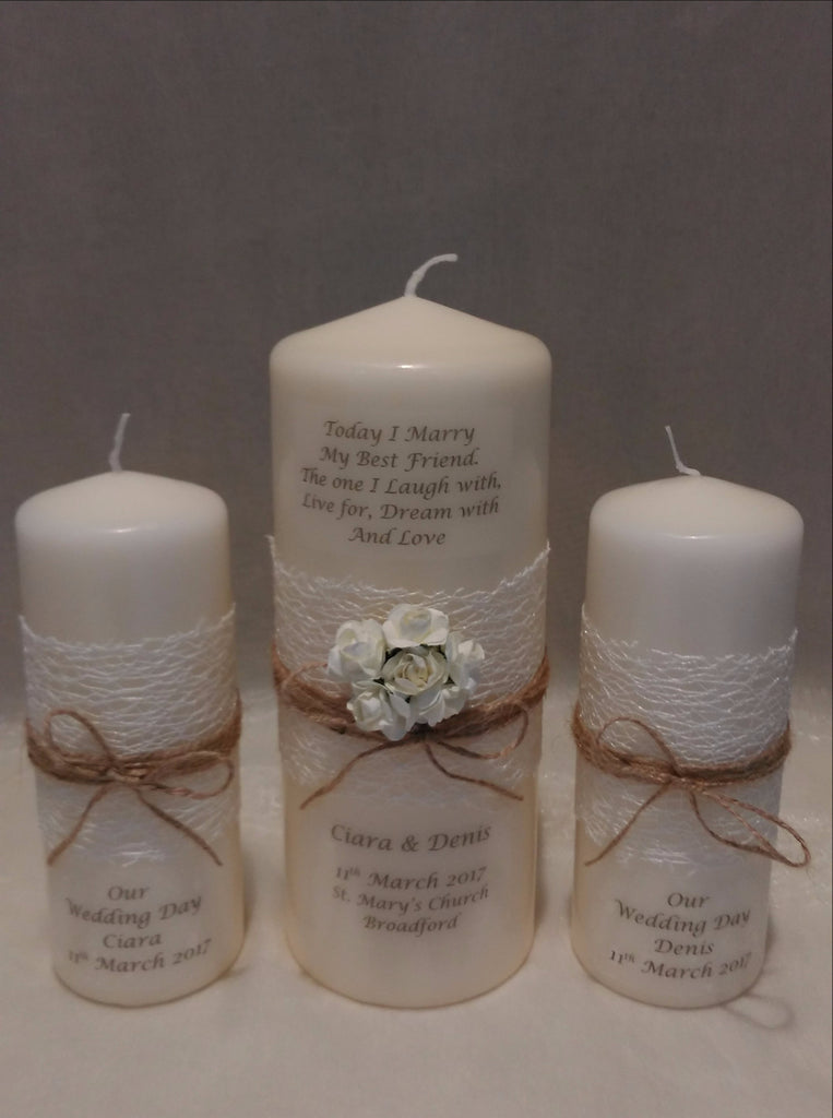 personalised candles, wedding candles, unity candles, rustic candle, vintage, rose, wedding ceremony, unity ceremony, wedding candles Ireland