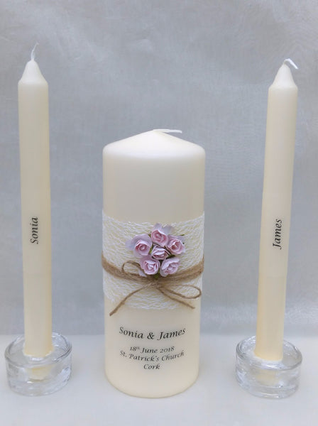 personalised candles, wedding candles, unity candles, rustic candle, vintage, rose, wedding ceremony, unity ceremony, wedding candles Ireland