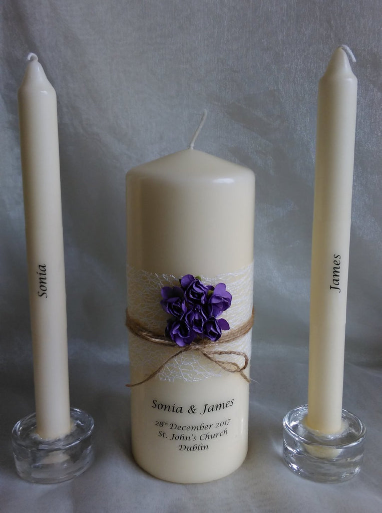personalised candles, wedding candles, unity candles, rustic candle, vintage, rose, wedding ceremony, unity ceremony, wedding candles Ireland