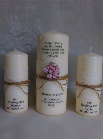 personalised candles, wedding candles, unity candles, rustic candle, vintage, rose, wedding ceremony, unity ceremony, wedding candles Ireland