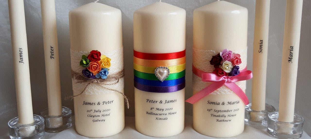 Personalised candles, wedding candles, unity candles, wedding ceremony, unity ceremony, pride range, rainbow